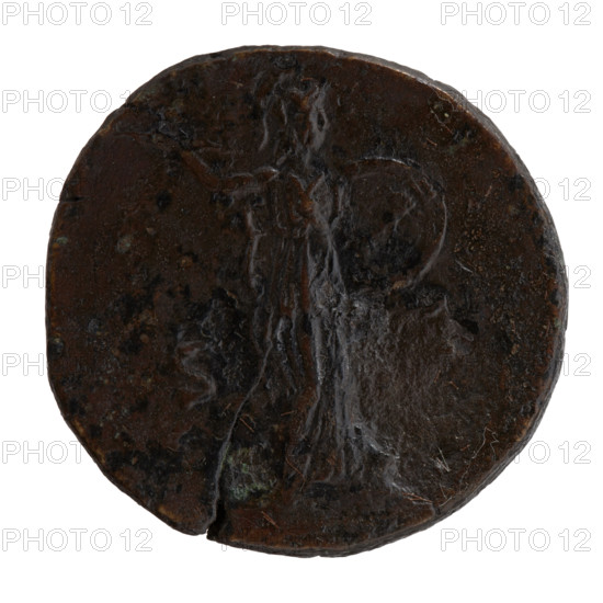Sestertius of Marcus Aurelius (121–180; Roman emperor 161–180), struck ca. 145–147. Obverse: head of young Marcus Aurelius bare, facing right; legend AVRELIV[?] CAES—A[?] AV PII F COS II. Reverse: Minerva walking right, right hand raised holding a spear poised to throw, left hand holding a round shield seen face-on; no legend; field marks S–. Iconography: Roman deities (Minerva), shields, spears; issuer: Antoninus Pius (86–161; Roman emperor 138–161); Marcus Aurelius noted as heir to the throne (138–161). Roman Empire, Rome. Coin: bronze, diameter 28.5–30.5 mm, weight 24.90 g, axis 0°.