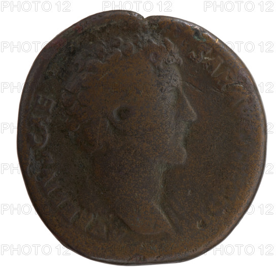 Sestertius, Marcus Aurelius (121–180; Roman emperor 161–180), ca. 139–161 as heir; issuer: Antoninus Pius (86–161; Roman emperor 138–161). Obverse: Head of young Marcus Aurelius, bare, facing right; legend 'AVRELIV, CAE - SAR AV' (all around). Reverse: Minerva stands right, holding a spear in her raised right hand and resting her left hand on a shield standing on the ground; fields marked 'S - C', no surrounding legend. Iconography: Roman deities, shields, spears. Date: 145–147. Roman Empire, Rome. Coin: bronze sestertius, diameter 31.0 mm, weight 23.23 g, axis 0°.