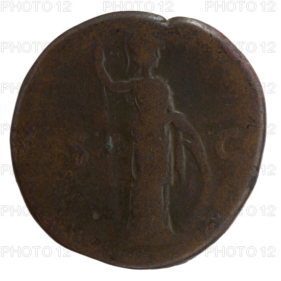 Sestertius; obverse: head of young Marcus Aurelius bare, facing right, legend 'AVRELIV, CAE - SAR AV' around; reverse: Minerva standing right, holding a spear in her raised right hand and resting her left hand on a shield on the ground; fields marked 'S - C' and '145 - 147'; issuer: Antoninus Pius; iconography: Roman deities (Minerva), shields, spears; period: Roman Empire (27 BC–476), Rome; date/identification: Marcus Aurelius (121–180; Roman emperor 161–180), caesar 139–161; Antoninus Pius (86–161; Roman emperor 138–161); medium/function: coin; diameter 31.0 mm; weight 23.23 g; axis 0°.