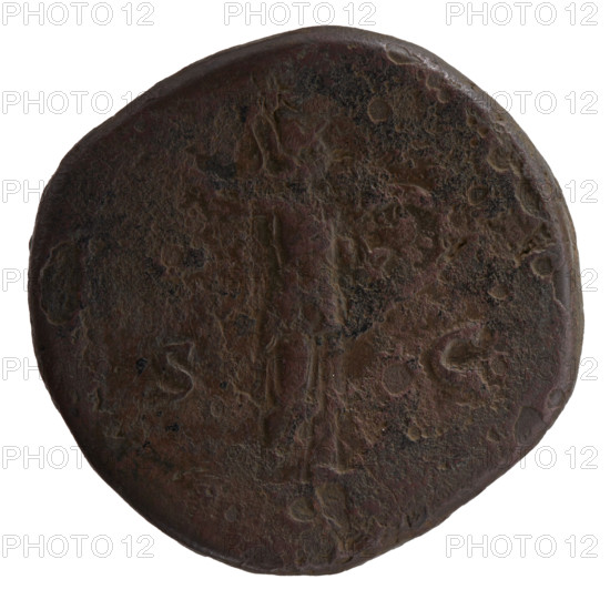 Sestertius, Marcus Aurelius (121–180; Roman emperor 161–180), (caesar 139–161); issuer: Antoninus Pius (86–161; Roman emperor 138–161); Marcus Aurelius (heir to the throne; 138–161) — iconography: Roman deities, Minerva; spears, shields. Obverse: Head of young Marcus Aurelius, bare, right, legend RELIVS CAES - AR AVG P, COS II all around. Reverse: Minerva walking right, right hand raised holding a spear poised to throw, left hand holding a round shield seen full-face; no surrounding legend; field marks S - C, 145–147. Roman Empire (27 BC–476), Rome. Coin: dia. 32.0–33.0 mm; weight 25.95 g; axis 0°.