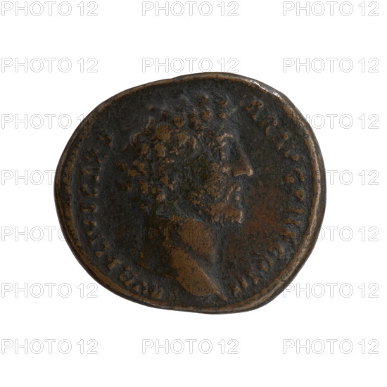 Dupondius/as, Marcus Aurelius (121–180; Roman emperor 161–180), caesar 139–161; issuer: Antoninus Pius (86–161; Roman emperor 138–161). Obverse: Head of young Marcus Aurelius, bare, facing right; legend 'AVRELIVS CAES - AR AVG PII F COS II' all around. Reverse: Minerva stands right, holds a spear in her raised right hand, rests her left hand on a shield standing on the ground; no circumferential legend; field marks 'S - C', date 145–147. Roman Empire (27 BC–476), Rome. Coin. Diameter 24.0–27.0 mm, weight 13.17 g, axis 0°.
