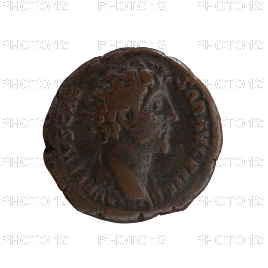 Dupondius depicting head of young Marcus Aurelius without a covering, with drapery on the left shoulder, facing right; legend AVRELIVS CAE - SAR AVG PII F around. Reverse: Virtus stands left, holding a parade dagger (parazonium) in his outstretched right hand and a spear in his left; marks S - I I and S - C in fields. Issuers: Marcus Aurelius (121–180, Roman emperor 161–180; caesar 139–161) and Antoninus Pius (86–161, Roman emperor 138–161). Iconography includes Roman deities, personifications, spears, parazonium, Virtus. Date ca. 145–147. Roman Empire, Rome. Coin: dupondius; diameter 25.5–26.0 mm, weight 12.28 g, axis 0°.