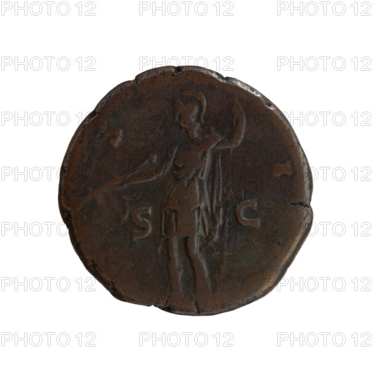 as/dupondius, Marcus Aurelius (121–180; Roman emperor 161–180), (caesar 139–161), Antoninus Pius (86–161; Roman emperor 138–161) (issuer), Roman deities, Marcus Aurelius (heir to the throne; 138–161) — iconography, personifications, spears, parazonium (attribute), Virtus (personification). Obverse: Head of young Marcus Aurelius without a covering, with drapery on the left shoulder, facing right, legend AVRELIVS CAE - SAR AVG PII F. Reverse: Virtus stands left, in his outstretched right hand holds a parade dagger (parazonium), in his left hand a spear; control marks S - I I, field marks S - C. 145–147, Roman Empire (27 BC–476), Rome. Coin, dupondius; diameter 25.5–26.0 mm, weight 12.28 g, axis 0°.