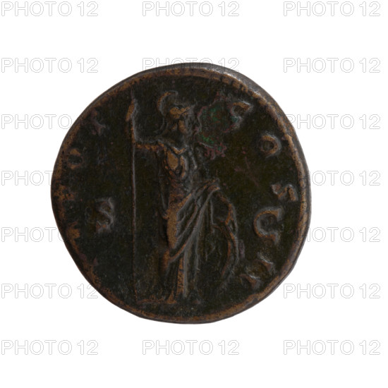 Dupondius; Marcus Aurelius (121–180; Roman emperor 161–180), (caesar 139–161), issuer: Antoninus Pius (86–161; Roman emperor 138–161); Marcus Aurelius (heir to the throne; 138–161) — iconography: Roman deities, Minerva; spears; shields. Obverse: Head of young Marcus Aurelius bare, right, inscription AVRELIVS CAE - SAR AVG PII around. Reverse: Minerva stands right, holds a spear in her raised right hand, rests left hand on a shield standing on the ground, inscription R POT - COS - II around; field marks S - C. Date: 146–147. Roman Empire (27 BC–476), Rome. Coin: dupondius, diameter 26.0 mm, weight 13.90 g, axis 330°.