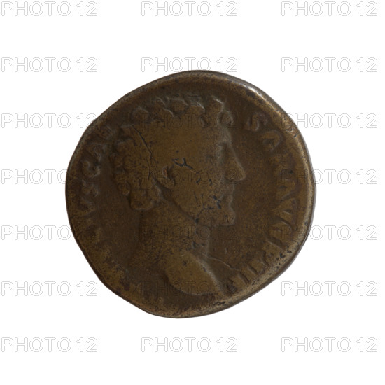 Dupondius; obv: Head of young Marcus Aurelius without a covering to the right, inscription LIVS CAE - SAR AVG PII F around; rev: Minerva stands right, holding a spear in her raised right hand, her left hand resting on a shield standing on the ground, inscription T RPOT - COSI; control marks S - C, 146 - 147. Issuer: Antoninus Pius; figures: Marcus Aurelius (heir to the throne), Roman deities (Minerva). Roman Empire, ca. 138–161 (Antoninus Pius / caesar 139–161; Marcus Aurelius 121–180). Coin (bronze), diameter 25.0 mm, weight 13.70 g, axis 345°.