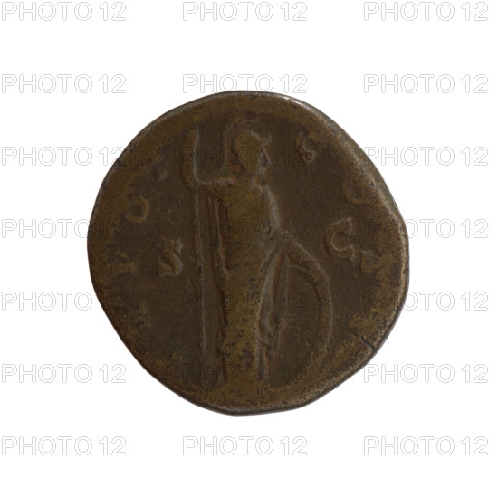 Dupondius; obverse: head of young Marcus Aurelius bare, facing right; legend LIVS CAE - SAR AVG PII F around. Reverse: Minerva standing right, holding spear in raised right hand and left hand resting on a shield on the ground; legend T RPOT - COSI; field marks S - C; mintmarks 146 - 147. Issuer: Antoninus Pius (86–161), Roman deities depicted; Marcus Aurelius (121–180) noted as heir to the throne (138–161) — iconography. Roman Empire, ca. 2nd century. Coin: bronze; diameter 25.0 mm; weight 13.70 g; axis 345°.