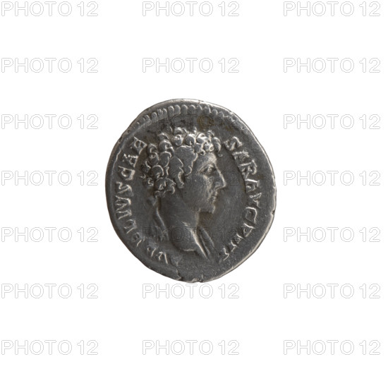 Denarius; obverse: head of young Marcus Aurelius without a covering, with drapery on the left shoulder, right; legend AVRELIVS CAE - SAR AVG PII F. Reverse: Fides stands right, in his lowered right hand she holds ears of corn, in her outstretched left hand a basket of fruit; legend R POT II - COS II. Issuers: Marcus Aurelius (121–180; Roman emperor 161–180; caesar 139–161) and Antoninus Pius (86–161; Roman emperor 138–161). Iconography: personifications, fruits, standing Fides, ears of corn, baskets. Date: 147–148. Roman Empire (27 BC–476), Rome. Coin: diameter 17.0–18.5 mm, weight 2.70 g, axis 0°.