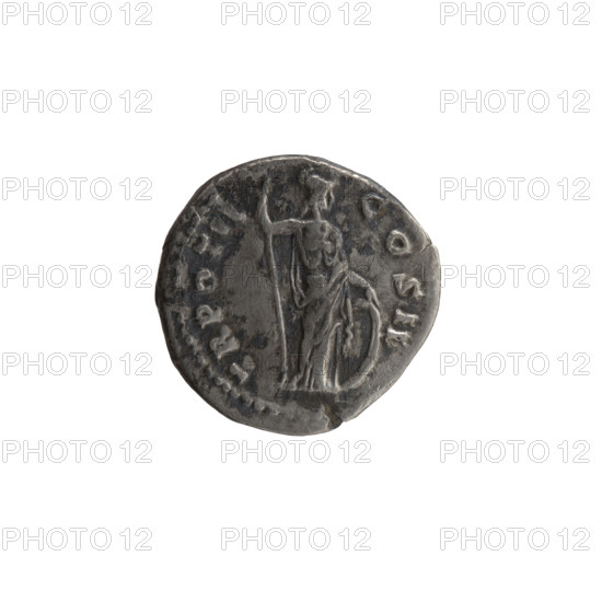 Denarius, ca. 147–148. Obverse: Head of young Marcus Aurelius without a covering, with drapery on the left shoulder, right; inscribed 'AVRELIVS CAE - SAR AVG PII F'. Reverse: Minerva stands right, holds a spear in her raised right hand, rests her left hand on a shield standing on the ground; inscribed 'TR POT II - COS II'. Issuers: Marcus Aurelius (121–180; Roman emperor 161–180), Antoninus Pius (86–161; Roman emperor 138–161). Iconography: Roman deities, shields, Minerva, spears. Roman Empire (27 BC–476). Coin; diameter 18.0–18.5 mm, weight 2.95 g, axis 0°.