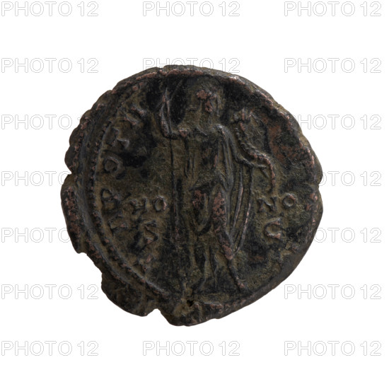 Obverse: Head of young Marcus Aurelius without a covering to the right, inscription 'A. RELIVS CAE - SAR AVG PII F' all around. Reverse: Honos stands frontally, turns his head to the right, holds a long scepter in his right hand and a cornucopia in his left; inscription 'T - R POT II -' all around, with field mark 'HO-NOS/SC.' Date: 147–148. Material/Type: Roman coin (dupondius). Issuers/Subjects: Marcus Aurelius (121–180; Caesar 139–161; heir to the throne 138–161) and Antoninus Pius (86–161; Roman emperor 138–161). Iconography: personifications (Honos), cornucopias, scepters. Dimensions: diameter 26.0 mm, weight 10.90 g, axis 180°. Location: Rome, Roman Empire.