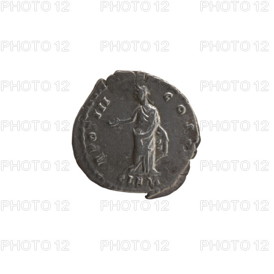 Denarius, Marcus Aurelius (121–180; Roman emperor 161–180), caesar 139–161; issuer: Antoninus Pius (86–161; Roman emperor 138–161). Obverse: Head of young Marcus Aurelius without a cap to the right, inscription 'AVRELIVS CAESAR AN T, I AV, PII FI' (all around). Reverse: Clementia stands frontally, head turned left, holding a patera in her right hand and lifting the hem of her robe with her left, inscription 'TR POT III - COS I' (all around), with 'CLEM' in field. Date: 148–149. Place: Rome, Roman Empire. Object type: coin (denarius). Diameter: 18.0 mm. Weight: 3.00 g. Axis: 195°.