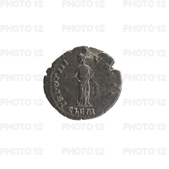 Denarius, Marcus Aurelius (121–180; Roman emperor 161–180), (caesar 139–161), Antoninus Pius (86–161; Roman emperor 138–161) (issuer), Marcus Aurelius (heir to the throne; 138–161) — iconography; Antoninus Pius (86–161; Roman emperor 138–161) — iconography. Obverse: Head of young Marcus Aurelius without a cap to the right, legend AVRELIVS CAESAR ANTONINI A G PII FI. Reverse: Clementia (personification) stands frontally, head turned left, holding a patera in her right hand and lifting the hem of her robe with her left; legend TR POT III COS II, CLEM in section. Date: 148–149 CE. Roman Empire (27 BC–476), Rome. Coin (denarius): diameter 16.5–17.5 mm, weight 2.91 g, axis 180°.