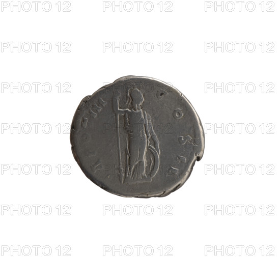 Denarius; obverse: Head of young Marcus Aurelius without a cap to the right, inscription 'AVRELIVS CAE - SAR AVG PII F'; reverse: Minerva stands to right, holding a spear in her raised right hand, left hand resting on a shield on the ground, inscription 'R POT III - COS II'. Issuers: Marcus Aurelius (121–180; Roman emperor 161–180; Caesar 139–161) and Antoninus Pius (86–161; Roman emperor 138–161). Iconography: Roman deities (Minerva), shields, spears. Date: 148–149. Culture/place: Roman Empire, Rome. Object type/material: coin (denarius). Diameter: 17.5–18.0 mm. Weight: 3.55 g. Axis: 30°.