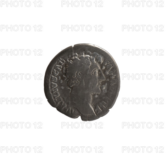 Denarius, Marcus Aurelius (121–180; Roman emperor 161–180), caesar 139–161; Antoninus Pius (86–161; Roman emperor 138–161) — issuer. Obverse: Head of young Marcus Aurelius without a cap to the right, inscription 'AVRELIVS CAE·SAR PII F' around. Reverse: Minerva standing right, holding a spear in her raised right hand and resting her left hand on a shield standing on the ground, inscription 'TR P OT III·COS II' around. Iconography: Roman deities — Minerva; shields; spears. Date: 148–149. Culture/place: Roman Empire, Rome. Object type/material: coin (denarius). Dimensions: diameter 17.5–18.0 mm; weight 2.50 g; axis 180°.