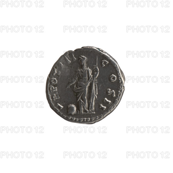 Denarius, Marcus Aurelius (121–180; Roman emperor 161–180), caesar 139–161; Antoninus Pius (86–161; Roman emperor 138–161), issuer. Obverse: Head of young Marcus Aurelius without a covering, with drapery on the left shoulder, right; legend AVRELIVS CAE - SAR AVG PII F. Reverse: Providentia stands left, leaning against a column, pointing with her right hand to a globe on the ground, holding a scepter in her left; legend TR POT III - COS II. Date: 148–149. Roman Empire, Rome. Coin: silver denarius; diameter 17.0–18.0 mm; weight 3.30 g; axis 195°.
