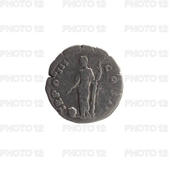 Denarius; obverse: Head of young Marcus Aurelius without a cap to the right, inscription 'RELIVS CAE - SAR AVG PII F' (circumferential). Reverse: Providentia stands left leaning against a column, right hand pointing to a globe on the ground, left hand holding a scepter, inscription 'TR POT III - COS II' (circumferential). Issuer: Antoninus Pius; portraits and iconography include Marcus Aurelius (heir to the throne) and personification Providentia. Date: 148–149 CE. Roman Empire, Rome. Coin type: silver denarius. Dimensions: diameter ~17.5–18.0 mm; weight 2.73 g; axis 180°.