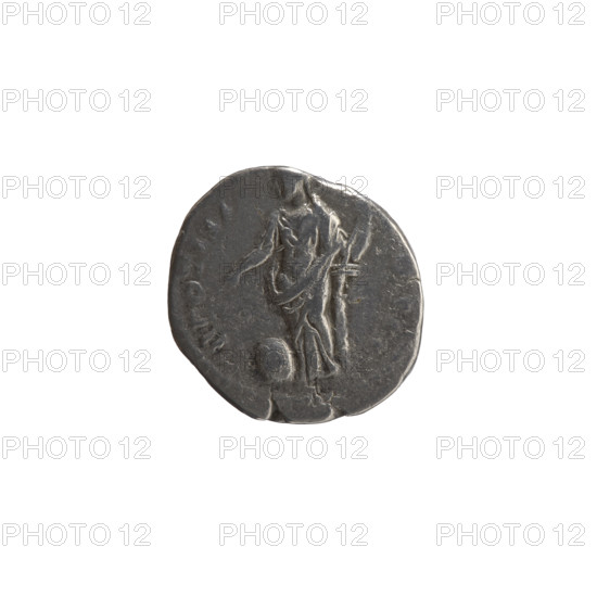 Denarius; obverse: Head of young Marcus Aurelius without a cap to the right, inscription 'AVRELIVS CA—, SAR AVG P'; reverse: Providentia stands left, leaning against a column, right hand pointing to a globe on the ground, left hand holding a scepter, inscription 'TR POT III—, OS II'; issuer: Antoninus Pius; subjects: Marcus Aurelius (heir to the throne), Antoninus Pius; iconography and attributes: personifications, scepters, globe (attribute), Providentia, columns; date: 148–149 CE; Roman Empire (27 BC–476); findspot: Rome; medium: coin (denarius); dimensions: diameter 16.0–17.5 mm; weight 3.88 g; axis 180°.