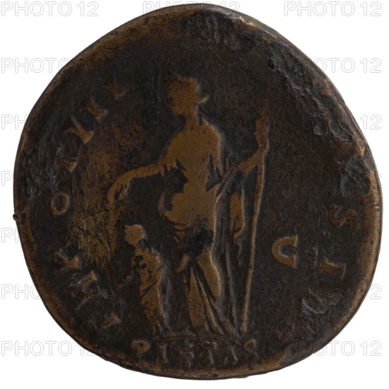 Sestertius, Antoninus Pius (86–161; Roman emperor 138–161), issuer; Marcus Aurelius (121–180; Roman emperor 161–180), caesar 139–161 and heir to the throne 138–161 — iconography includes personifications, scepters, children, Pietas. Obverse: Head of young Marcus Aurelius without a covering to the right, legend AVRELIVS CAE SAR AVG PII F. Reverse: Pietas stands left, stretches her right hand above the child standing at her side, holds a long scepter in her left hand, legend TR POT III… SI… and PIETAS in the segment. Date: 148–149, Rome, Roman Empire. Coin; diameter 33.5–34.0 mm, weight 27.4 g, axis 180°.