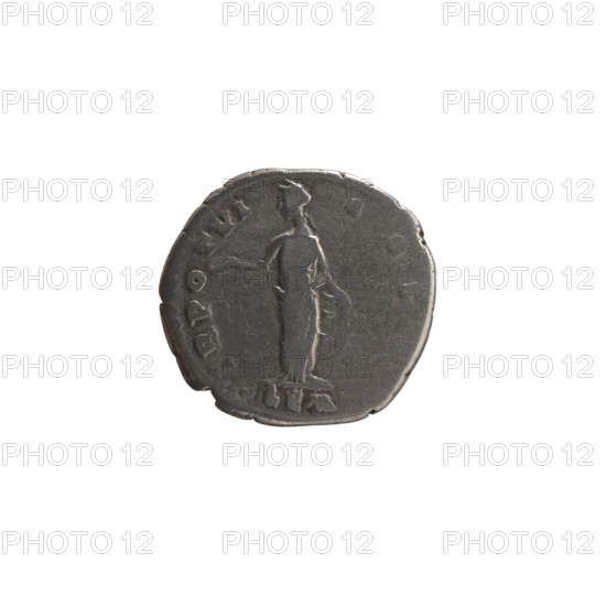 Denarius, Marcus Aurelius (121–180; Roman emperor 161–180), caesar 139–161; Antoninus Pius (86–161; Roman emperor 138–161) issuer; Marcus Aurelius (heir to the throne; 138–161) — iconography: Antoninus Pius — iconography; personifications: Clementia. Obverse: Head of young Marcus Aurelius without a cap to the right, legend AVRELIVS CAESAR ANTO-NINI AVG PII FIL. Reverse: Clementia stands frontally, head turned left, holds a patera in her right hand and lifts the hem of her robe with her left, legend TR P O T VI — COS, with CLEM in exergue. Date: 151–152. Roman Empire (27 BC–476), Rome. Coin: silver denarius; diameter 17.0–17.5 mm, weight 3.20 g, axis 180°.