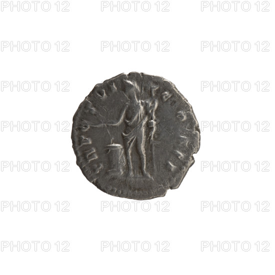 Denarius, Marcus Aurelius (121–180; Roman emperor 161–180), issued when Caesar 139–161; obverse: bust of young Marcus Aurelius, bareheaded, wearing a paludamentum, facing right, inscription AVRELIVS CAE - SAR AVG PII FIL; reverse: Genius Exercitus (Genius) standing left, holding a patera above an altar in his right hand and a legionary sign in his left, inscription TR POT VI - COS II. Date: 151–152. Roman Empire; Rome. Coin (silver). Diameter: 18.0 mm. Weight: 3.00 g. Axis: 165°.