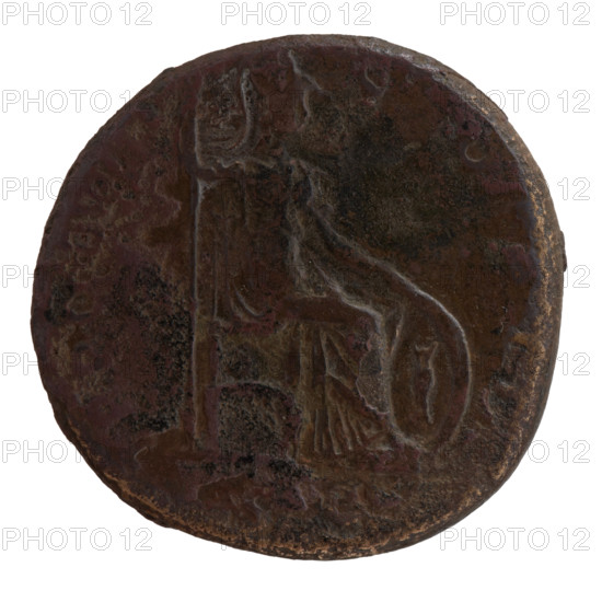 Sestertius, Marcus Aurelius (121–180; Roman emperor 161–180), (caesar 139–161); issuer: Antoninus Pius (86–161; Roman emperor 138–161), Marcus Aurelius (heir to the throne; 138–161) — iconography: Minerva, shields, spears, Roman deities. Obverse: Bust of young Marcus Aurelius uncovered, in paludamentum, right, legend 'AVRELIVS CAESAR AVG II FIL'. Reverse: Minerva seated right, holding a spear in her right hand and resting her left on a shield standing on the ground, legend 'TR P O VIII COS II', in the field 'S C'. Date: 153–154. Roman Empire (27 BC–476), Rome. Coin: diameter 30.0–31.0 mm, weight 23.30 g, axis 0°.
