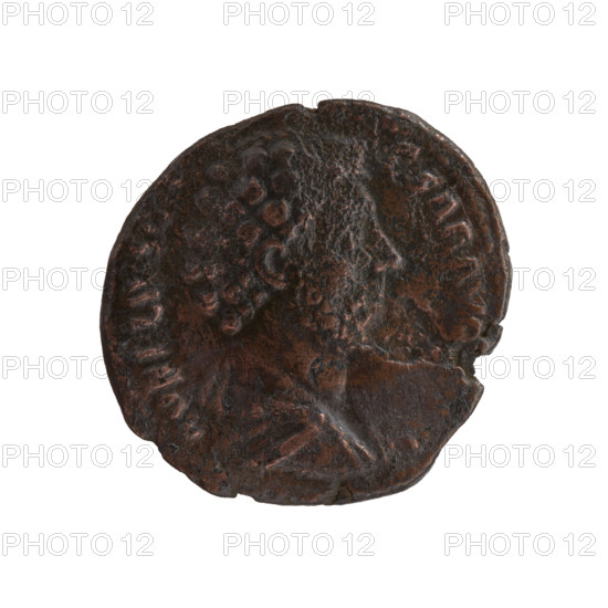 Marcus Aurelius (121–180; Roman emperor 161–180), (caesar 139–161); Antoninus Pius (86–161; Roman emperor 138–161) (issuer); Antoninus Pius (86–161; Roman emperor 138–161); Marcus Aurelius (heir to the throne; 138–161) — iconography: personifications, snakes, Salus, columns. Obverse: bust of young Marcus Aurelius uncovered, in paludamentum, facing right, legend 'AVRELIVS C[—] ESAR AVG' all around. Reverse: Salus leaning against a column to left, feeding a snake which she holds in her arms, legend 'TR POT VIII[—] S II' all around, in SC fields. Date: 153–154. Culture: Roman Empire (27 BC–476). Place: Rome. Object: coin; diameter 25.0–27.0 mm; weight 12.01 g; axis 180°.