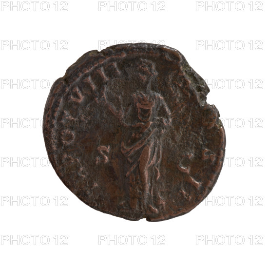 Marcus Aurelius (121–180; Roman emperor 161–180), (caesar 139–161); Antoninus Pius (86–161; Roman emperor 138–161) (issuer); Antoninus Pius (86–161; Roman emperor 138–161); Marcus Aurelius (heir to the throne; 138–161) — iconography: personifications, snakes, Salus, columns. Bust of young Marcus Aurelius uncovered, in paludamentum, right; legend: AVRELIVS C-ESAR AVG (all around). Reverse: Salus leaning against a column, standing left, feeding a snake which she holds in her arms; legends: TR POT VIII–, S II (all around), in SC fields. Date: 153–154. Roman Empire (27 BC–476), Rome. Object: coin. Dimensions: diameter 25.0–27.0 mm, weight 12.01 g, axis 180°.