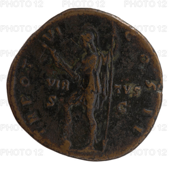 Sestertius, Marcus Aurelius (121–180; Roman emperor 161–180), issued under Antoninus Pius (86–161; Roman emperor 138–161), ca. 151–152. Obverse: head of young Marcus Aurelius without a covering, drapery on the left shoulder; legend AVRELIVS CAESAR ANTO NINI AVG PII FIL. Reverse: Virtus stands left with his foot on a helmet, holding a parade dagger (parazonium) in his right hand and a spear with the head downwards in his left; legend TR POT VI COS II; field marks VIR TVS / SC. Iconography: personification Virtus, spears, helmets, parazonium. Roman Empire (27 BC–476), Rome. Coin: diameter 30.5–32.5 mm, weight 24.70 g, axis 180°.
