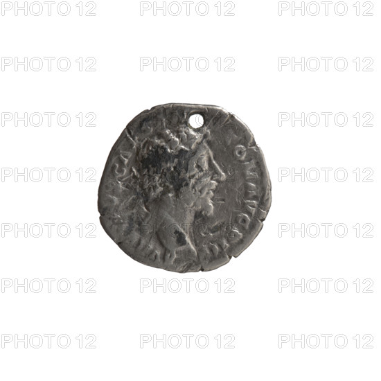 Denarius (with a hole), ca. 155–156. Obverse: Head of young Marcus Aurelius without a cap, facing right; legend AVRELVS CAES ANTON AVG PII F. Reverse: Aequitas standing left, holding scales in right hand and a staff (pertica) in left; legend TR POT X COS II. Materials: Roman silver coin. Diameter: ~17.0–17.5 mm. Weight: 3.20 g. Axis: 0°. Subjects: Marcus Aurelius (121–180; Roman emperor 161–180; heir to the throne 138–161), Antoninus Pius (86–161; Roman emperor 138–161), personification Aequitas. Location/style: Rome, Roman Empire.