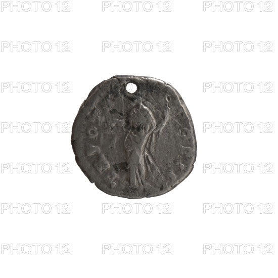 Denarius (with a hole), Marcus Aurelius (121–180; Roman emperor 161–180), Antoninus Pius (86–161; Roman emperor 138–161) — issuer; personification Aequitas. Obverse: Head of young Marcus Aurelius without a cap to the right, inscription 'AVRELVS CAES ANTON AVG PII F' (circumferential). Reverse: Aequitas standing left, holding scales in his outstretched right hand and a staff (pertica) in his left, inscription 'TR POT X COS II' (circumferential). Date: ca. 155–156. Roman Empire, Rome. Coin: diameter 17.0–17.5 mm, weight 3.20 g, axis 0°.