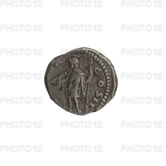 Denarius, Marcus Aurelius (121–180; Roman emperor 161–180), caesar 139–161; Antoninus Pius (86–161; Roman emperor 138–161) — issuer. Obverse: Head of young Marcus Aurelius without a cap to right, inscription ELIVS CAES AN-TON all around. Reverse: Virtus standing left, holding a parade dagger (parazonium) in his right hand and a spear with the head down in his left, inscription X-COS II all around. Date: 155–156. Roman Empire, Rome. Coin: silver denarius; diameter 16.0–17.0 mm; weight 3.60 g; axis 0°.