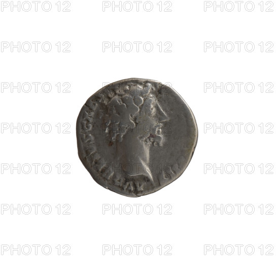 Denarius, ca. 155–156. Obverse: Head of young Marcus Aurelius without a cap to right, inscription 'AVRELIVS CAES - PII F' circumferential. Reverse: Virtus standing left, holding a parade dagger (parazonium) in his right hand and a spear with the head down in his left, inscription 'RP - OT X - COS II' circumferential. Issued under Antoninus Pius (issuer) and Marcus Aurelius (heir to the throne); iconography includes personifications, parazonium, spears, Virtus. Roman Empire (27 BC–476). Coin: silver denarius; diameter 16.0–17.5 mm, weight 3.35 g, axis 0°.