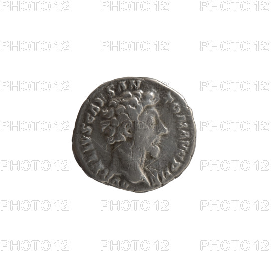 Denarius, Marcus Aurelius (121–180; Roman emperor 161–180), (caesar 139–161), issuer: Antoninus Pius (86–161; Roman emperor 138–161); Marcus Aurelius (heir to the throne; 138–161) — iconography: personifications, spears, Virtus (personification), parazonium (attribute). Obverse: Head of young Marcus Aurelius without a cap to the right, inscription VRELIVS CAES AN-TON AVG PII F all around. Reverse: Virtus stands left, holding a ceremonial dagger (parazonium) in his right hand and a spear with the head pointing downwards in his left, inscription TR PO T XI-COS II all around. Date: 156–157. Culture/place: Roman Empire, Rome. Object type: coin. Dimensions: diameter 16.5–17.5 mm, weight 3.50 g, axis 195°.