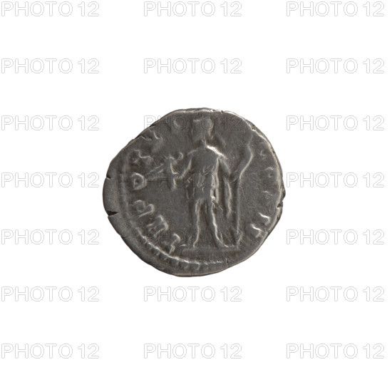 Denarius, ca. 156–157. Obverse: Head of young Marcus Aurelius to right, inscription VRELIVS CAES ANTON AVG PII F. Reverse: Virtus standing left, holding a ceremonial dagger (parazonium) in his right hand and a spear with the head pointing downwards in his left, inscription TR PO T XI COS II. Roman Empire (27 BC–476), Rome. Silver coin; diameter 16.5–17.5 mm, weight 3.50 g, axis 195°. Makers/issuers: Antoninus Pius (issuer), Marcus Aurelius (heir/caesar).