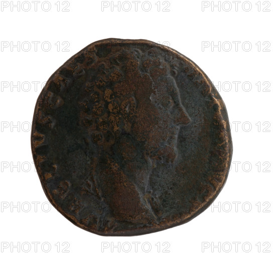 Sestertius, Marcus Aurelius (121–180; Roman emperor 161–180), caesar 139–161; issuer: Antoninus Pius (86–161; Roman emperor 138–161). Obverse: Head of young Marcus Aurelius without a covering, with drapery on the left shoulder; inscription 'AVRELIVS CAES - AN VG PII F'. Reverse: Felicitas (personification) stands left, leaning against a column, holding a caduceus in her right hand and a scepter in her left; inscription 'TR POT - XI -'. Additional iconography: caducei, personifications, columns, scepters. Date: 156–157. Roman Empire, Rome. Coin. Diameter 28.0–28.5 mm; weight 22.35 g; axis 180°.