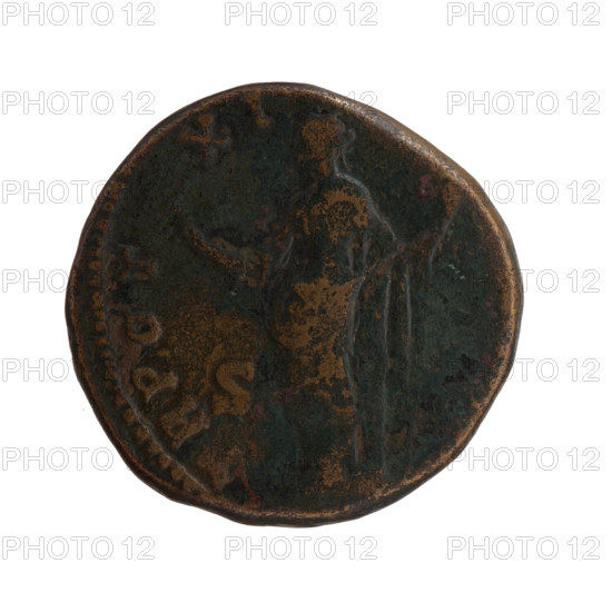 Sestertius of Marcus Aurelius (121–180; Roman emperor 161–180), issued under Antoninus Pius (86–161; Roman emperor 138–161). Obverse: head of young Marcus Aurelius without a covering, with drapery on the left shoulder; legend 'AVRELIVS CAES – AN, VG PII F'. Reverse: Felicitas personified standing left, leaning against a column, holding a caduceus in right hand and a scepter in left; legend 'TR POT – XI –'. Fields: 'S-' and '156–157'. Roman Empire, ca. 156–157. Coin; diameter 28.0–28.5 mm, weight 22.35 g, axis 180°.