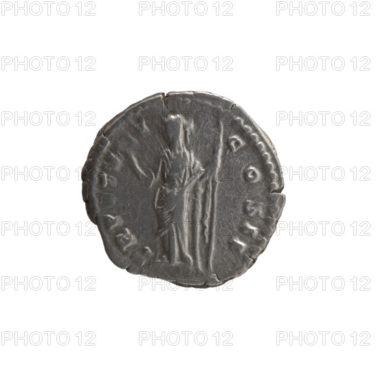 Denarius; obverse: head of Marcus Aurelius without a cap to the right, inscription 'AVRELIVS CAES, ON AVG PII F'; reverse: Felicitas standing left, holding a caduceus in her right hand and a scepter in her left, inscription 'TR P, X[sic?] II - COS II' (reading suggests TR P, XV? II — dated 157–158). Issuer: Antoninus Pius; depiction includes Marcus Aurelius (heir) iconography; personifications (Felicitas), caduceus, scepters, columns. Roman Empire, ca. 157–158. Coin: silver denarius, diameter 17.0 mm, weight 3.19 g, axis 180°.