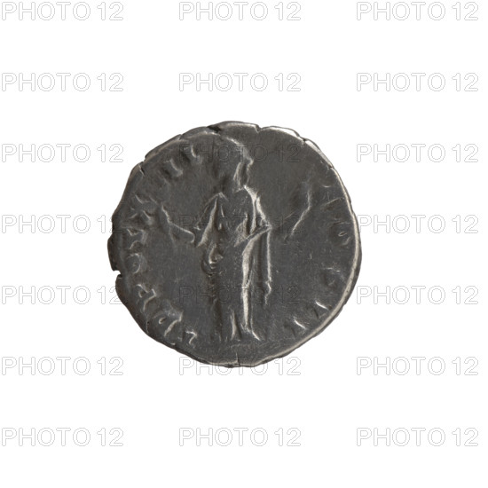 Denarius, Marcus Aurelius (121–180; Roman emperor 161–180), (caesar 139–161); issuer: Antoninus Pius (86–161; Roman emperor 138–161). Obverse: Head of Marcus Aurelius without a cap to the right, inscription VRELIVS CAES ANTON AVG PII F circumferential. Reverse: Felicitas standing left, holding a caduceus in her right hand and a scepter in her left, inscription TR POT X–II–COS II circumferential. Iconography: caducei, scepters, personification Felicitas, columns. Date: 157–158. Place: Rome, Roman Empire. Medium: coin (denarius). Dimensions: diameter 16.0–16.5 mm; weight 3.07 g; axis 195°.