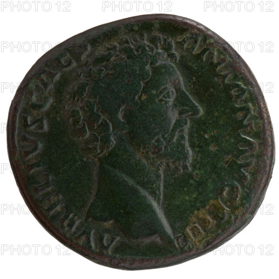 Sestertius, Marcus Aurelius (121–180; Roman emperor 161–180), caesar 139–161; issuer: Antoninus Pius (86–161; Roman emperor 138–161). Obverse: Head of Marcus Aurelius bare, facing right, inscription 'AVRELIVS CAES - ANTON AVG PII F' all around. Reverse: Felicitas standing left, holding a caduceus in her right hand and a scepter in her left, inscription 'TR P II - COS II' all around, 'IN SC' in fields. Date: 157–158. Roman Empire, Rome. Coin; diameter 29.5–31.0 mm, weight 26.60 g, axis 0°. Icons: caduceus, Felicitas (personification), scepters, personifications, columns; iconography includes Marcus Aurelius as heir to the throne (138–161).