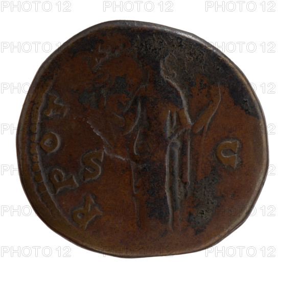 Sestertius, Marcus Aurelius (121–180; Roman emperor 161–180), issued under Antoninus Pius (86–161; Roman emperor 138–161). Obverse: Head of Marcus Aurelius without a covering to the right, inscription 'ELIVS CAES - ANTON AVG P'. Reverse: Felicitas standing left, holding a caduceus in her right hand and a scepter in her left, inscription 'TR POT - XI' and 'SC'. Date: 157–158. Roman Empire, Rome. Coin; diameter 27.5–29.5 mm, weight 21.55 g, axis 180°. Iconography: caducei, personifications, scepters, columns; Felicitas.