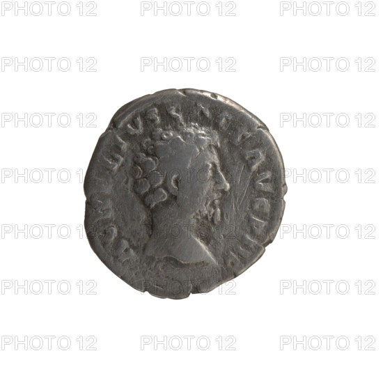 Denarius of Marcus Aurelius (121–180; Roman emperor 161–180), struck ca. 159–160. Obverse: Head of Marcus Aurelius without a cap to the right, inscription 'LIVS CAES AVG PII F'. Reverse: Minerva walking to the right, holding a spear in her raised right hand and a shield in her left, with inscriptions 'TR POT XIIII - C' and 'SII'. Roman deities: Minerva; iconography includes shields and spears. Roman Empire, Rome. Coin: silver; diameters 16.0–17.0 mm; weight 3.00 g; axis 0°.