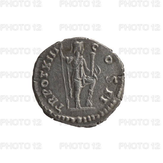Denarius, Marcus Aurelius (121–180; Roman emperor 161–180), c. 158–159. Obverse: Head of Marcus Aurelius bare, drapery on left shoulder; inscription AVRE. VS CAES – AVG PI. Reverse: Virtus personified standing right with left foot on a lying helmet, right hand holding a spear pointed downward, left hand holding a parazonium (parade dagger); inscription TR POT XIII – COS II. Iconography: helmets, personification Virtus, parazonium, spears. Roman Empire, Rome. Coin: silver; diameter 17.0–18.0 mm; weight 2.80 g; axis 180°.