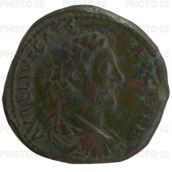 Sestertius, Marcus Aurelius (121–180; Roman emperor 161–180), (caesar 139–161); issuer: Antoninus Pius (86–161; Roman emperor 138–161); Marcus Aurelius (heir to the throne; 138–161) — iconography: personifications, helmets, Virtus (personification), spears, parazonium (attribute), paludamentum. Obverse: Bust of Marcus Aurelius bareheaded, wearing paludamentum and armor, facing right, legend AVRELIVS CAES - AVG PII F. Reverse: Virtus stands right with his left foot on a fallen helmet, holding a spear pointed down in his right hand and a parazonium in his left, legend TR POT XIII - COS II; control letters SC in fields. Date: 158–159. Roman Empire (27 BC–476), Rome. Coin: diameter 33.0–33.5 mm, weight 26.12 g, axis 345°.