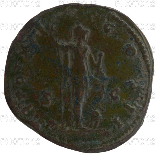 Sestertius, Marcus Aurelius (121–180; Roman emperor 161–180), (caesar 139–161), issuer: Antoninus Pius (86–161; Roman emperor 138–161), Marcus Aurelius (heir to the throne; 138–161) — iconography: personifications, helmets, Virtus (personification), spears, parazonium (attribute), paludamentum. Obverse: Bust of Marcus Aurelius bareheaded, wearing paludamentum and armor, facing right, legend 'AVRELIVS CAES - AVG PII F' all around. Reverse: Virtus stands right with his left foot on a lying helmet; in his right hand he holds a spear with the head down, in his left a parade dagger (parazonium), legend 'TR POT XIII - COS II' all around; in the fields 'SC'. Date: 158–159. Roman Empire (27 BC–476), Rome. Coin: diameter 33.0–33.5 mm, weight 26.12 g, axis 345°.