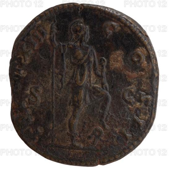 Sestertius of Marcus Aurelius (121–180; Roman emperor 161–180), issued under Antoninus Pius (86–161; Roman emperor 138–161). Obverse: Head of Marcus Aurelius bare, facing right, inscribed AVRELIVS - CAES AVG PII F. Reverse: Virtus stands right with left foot on a fallen helmet, holding a spear pointed down in his right hand and a parade dagger (parazonium) in his left; inscribed TR, T XIII - COS II and in SC fields. Dated 158–159. Roman Empire, Rome. Coin: diameter 31.0–31.5 mm, weight 21.95 g, axis 330°.