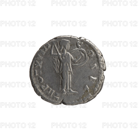 Denarius, Marcus Aurelius (121–180; Roman emperor 161–180), issued under Antoninus Pius (86–161; Roman emperor 138–161). Obverse: Head of Marcus Aurelius without a cap to the right, legend 'AVRELIVS CAES AVG PII F'. Reverse: Minerva advancing right, holding a spear in her raised right hand and a shield in her left (shield visible from center), legend 'TR POT XIIII - COS II'. Date: 159–160. Culture/place: Roman Empire, Rome. Coin type/material: silver denarius. Measurements: diameters 16.0–17.5 mm, weight 3.22 g, axis 180°.