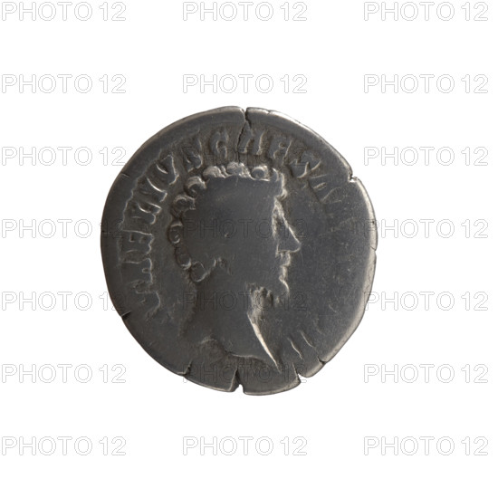 Denarius, Marcus Aurelius (121–180; Roman emperor 161–180), issued when Caesar 139–161; Antoninus Pius (86–161; Roman emperor 138–161) - iconography: Roman deities, shields, Mars, spears. Obverse: Head of Marcus Aurelius without a cap facing right, inscription 'AVRELIVS CAESAR A, PII F' all around. Reverse: Mars stands frontally, head turned left, right hand holds a spear with the head down, left hand rests on a shield, inscription 'TR POT XIIII - COS II' all around. Date: 159–160. Roman Empire (27 BC–476). Coin type: denarius; material: silver (AV); diameter 17.0–18.0 mm; weight 2.80 g; axis 0°.