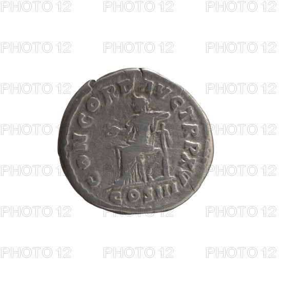 Denarius of Marcus Aurelius (121–180; Roman emperor 161–180). Obverse: head of Marcus Aurelius uncovered to the right, legend IMP M AVREL ANTONINVS AVG. Reverse: Concordia seated left, holding a patera in her right hand and resting her left hand on the figure of Spes; under the seat a cornucopia, legend CONCORD AVG TR P XV; COS III. Roman Empire, 161. Coin; diameter 17.0–18.0 mm, weight 3.25 g, axis 180°.