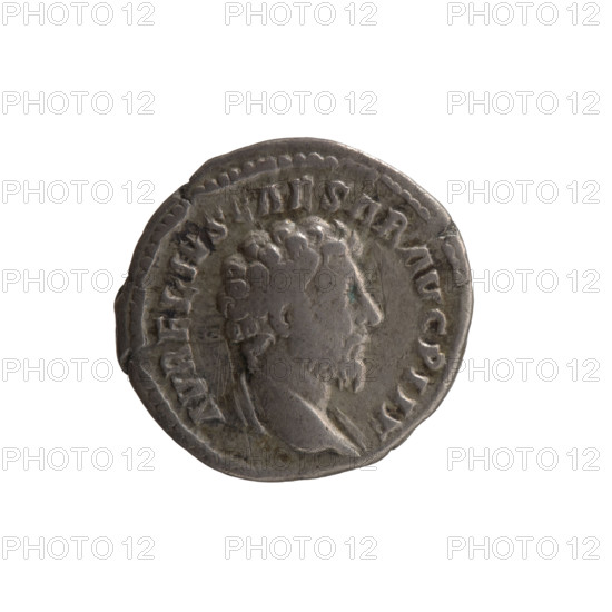 Denarius, Marcus Aurelius (121–180), ca. 161. Obverse: Head of Marcus Aurelius uncovered, with drapery on the left shoulder, facing right; inscription AVRELIVS CAESAR AVG PII F. Reverse: Pietas personified standing left, holding two children with two more children at her feet raising their hands; inscription TR POT XV COS III. Bronze? coin; Roman Imperial, Rome; diameter 17.0–18.0 mm, weight 3.22 g, axis 180°.