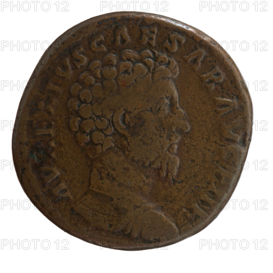 Sestertius, Marcus Aurelius (121–180; Roman emperor 161–180), (caesar 139–161); issuer: Antoninus Pius (86–161; Roman emperor 138–161); Antoninus Pius (86–161; Roman emperor 138–161), Marcus Aurelius (heir to the throne; 138–161) — iconography: personifications, paludamentum, Pietas, children. Obverse: Bust of Marcus Aurelius without a covering, in paludamentum and armor, right, legend AVRELIVS CAESAR AVG PII F. Reverse: Pietas standing left, holding two children, with two more children at her feet raising their hands, legend TR POT XV – COS III, in SC fields. Date: 161. Culture: Roman Empire (27 BC–476), Rome. Object: coin. Dimensions: diameter 30.0–31.0 mm, weight 22.95 g, axis 180°.