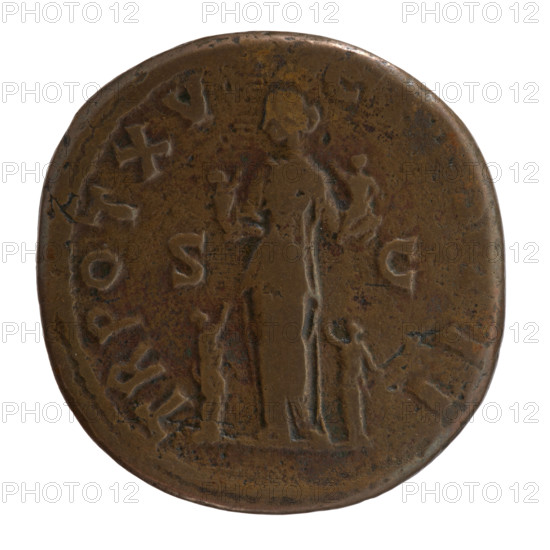 Sestertius, Marcus Aurelius (121–180; Roman emperor 161–180), (caesar 139–161); issuer: Antoninus Pius (86–161; Roman emperor 138–161); Marcus Aurelius (heir to the throne; 138–161) — iconography: personifications, paludamentum, Pietas (personification), children. Obverse: Bust of Marcus Aurelius without a covering, in paludamentum and armor, right; legend AVRELIVS CAESAR AVG PII F. Reverse: Pietas standing left, holding two children in her arms, at her feet two more children raising their hands; legend TR POT XV – COS III, in SC fields. Date: 161. Roman Empire, Rome. Coin. Diameter 30.0–31.0 mm; weight 22.95 g; axis 180 degrees.